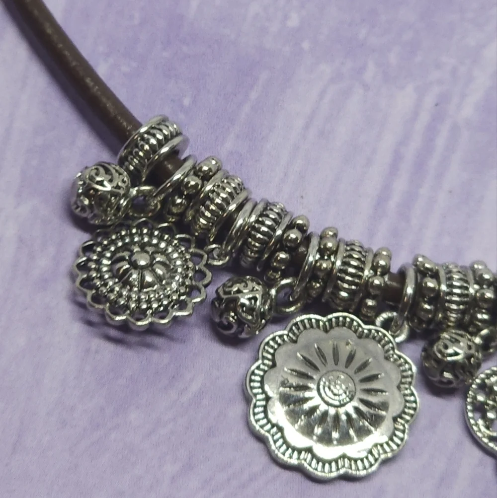 👍5 For $20 Chaps Silver Tone Charm Brown Cord Necklace